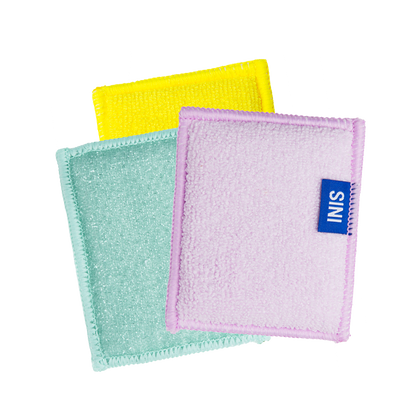 Three colorful washcloths with a visible brand label on a white background